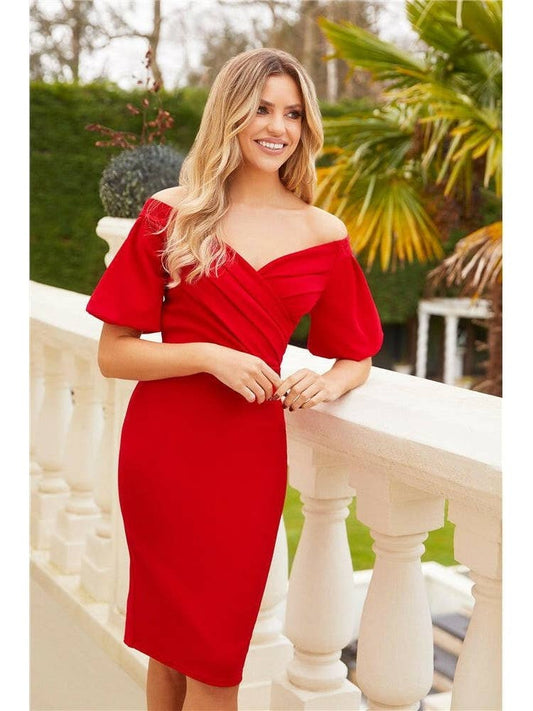 Deena Red Puff Sleeve Midi Dress