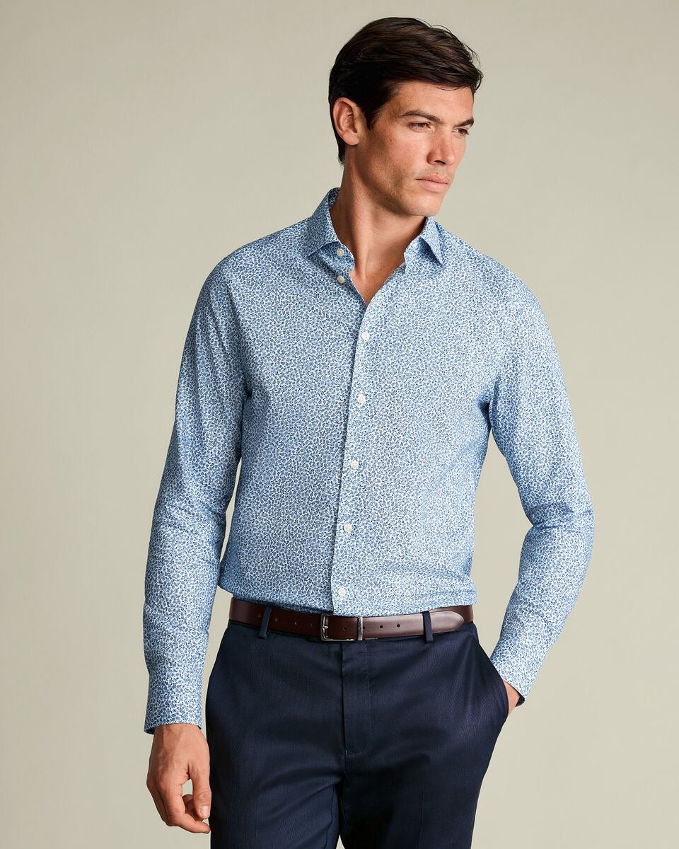 Semi-Cutaway Collar Non-Iron Stretch Floral Print Shirt – White & Sky Blue