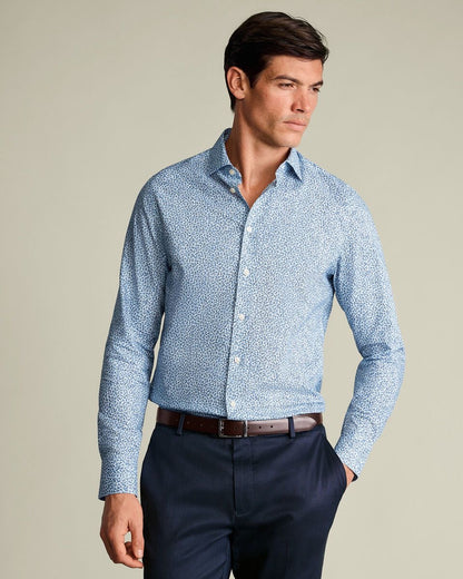 Semi-Cutaway Collar Non-Iron Stretch Floral Print Shirt – White & Sky Blue