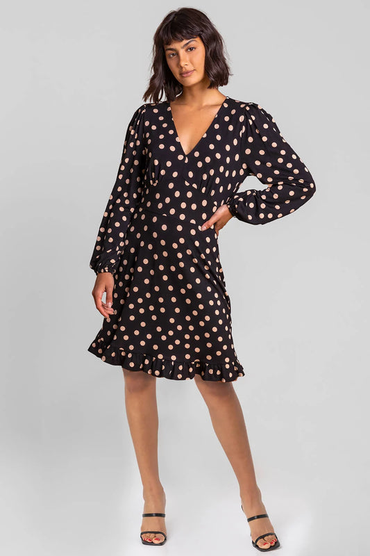 Black Frill Detail Spot Stretch Dress
