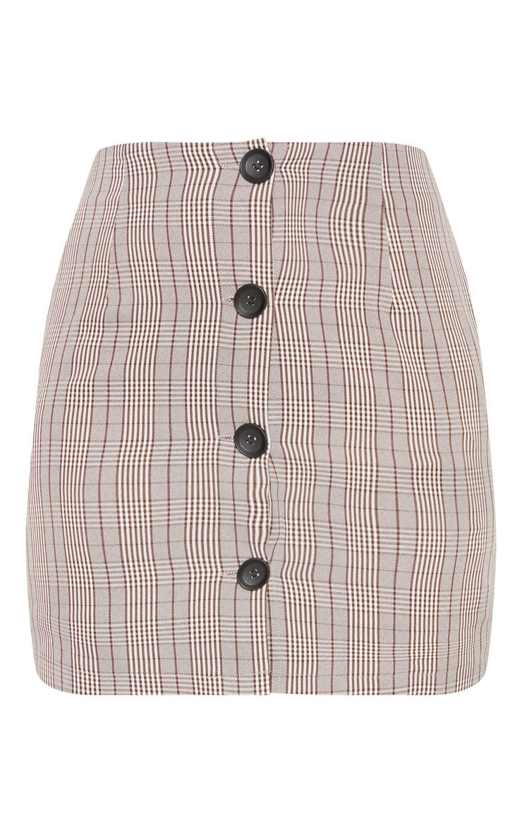 Brown Check Button Up High Waisted Skirt