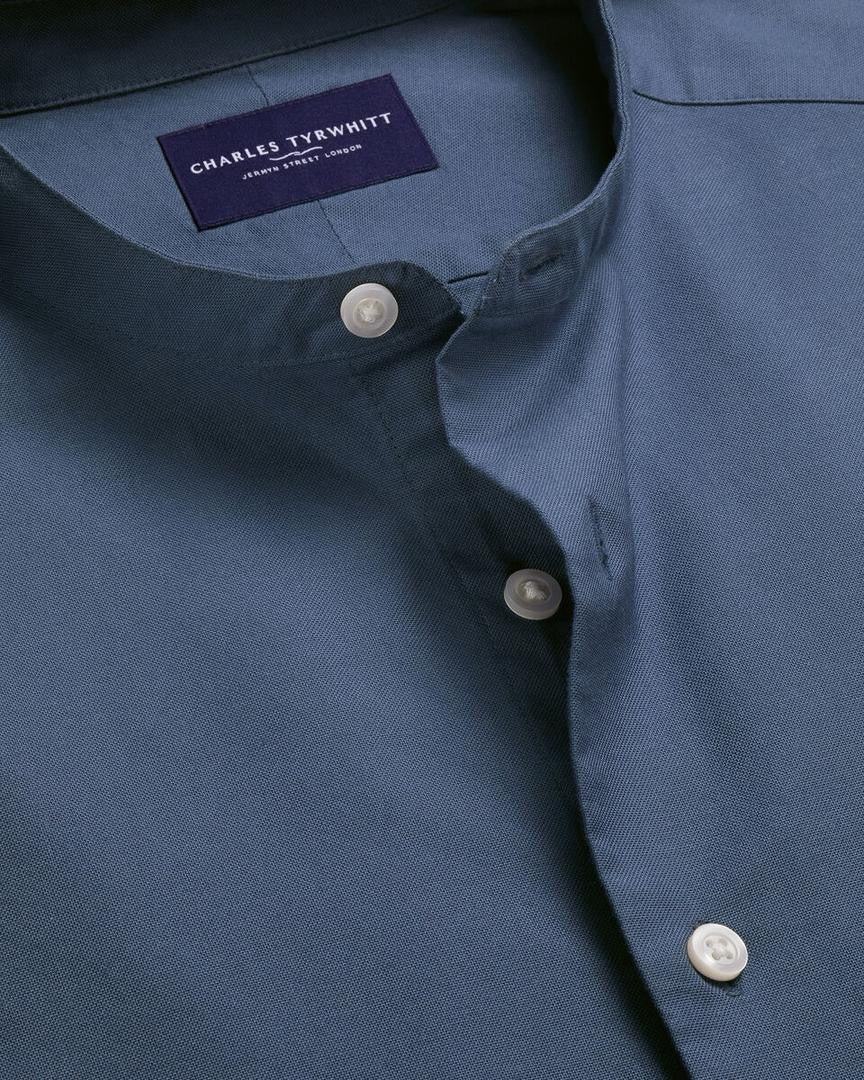 Collarless Stretch Washed Oxford Slim Fit Shirt - Airforce Blue