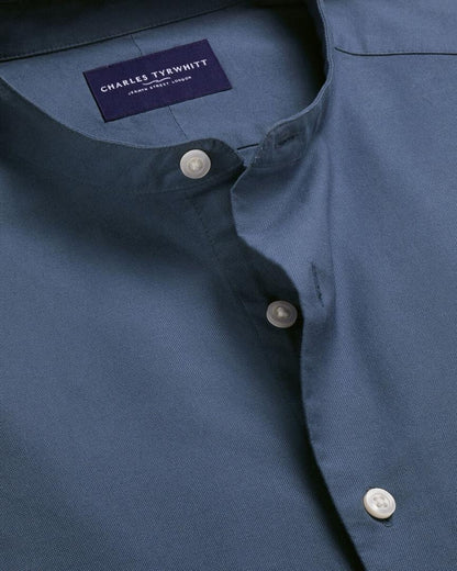 Collarless Stretch Washed Oxford Slim Fit Shirt - Airforce Blue