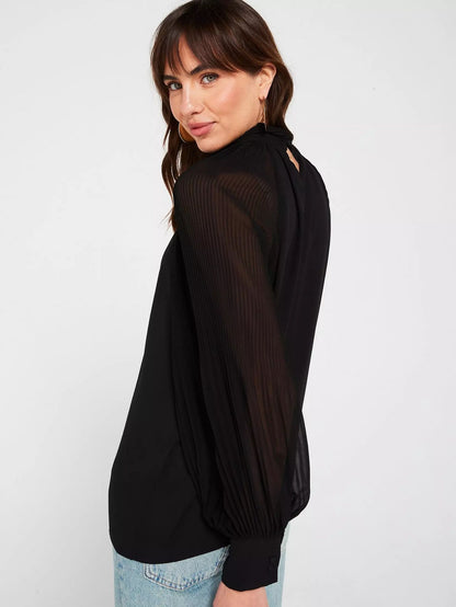 Black Plisse Volume Sleeve Blouse
