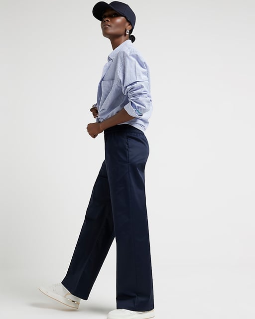 Womens Wide Leg Trousers Navy Pull On