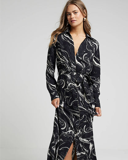 Black marble belted midi shirt dress