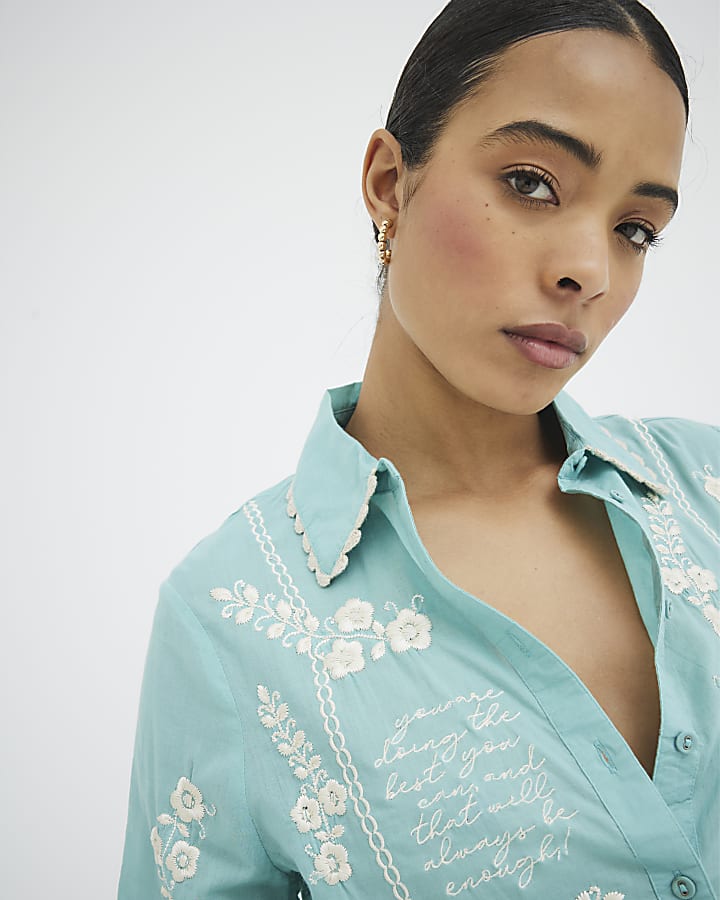 Blue Floral Script Embroidered Shirt