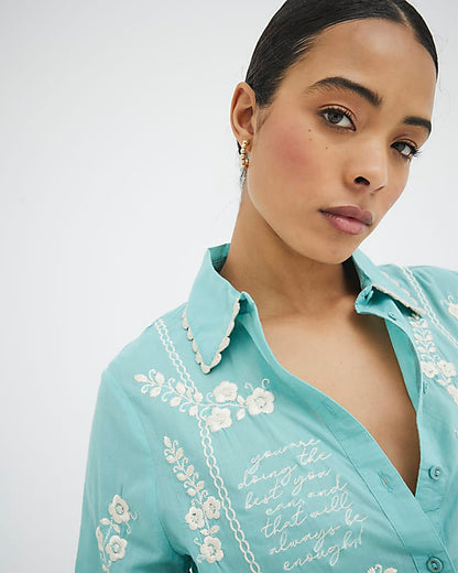 Blue Floral Script Embroidered Shirt