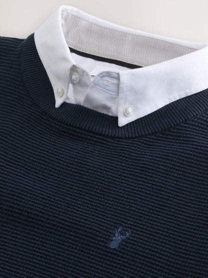 Navy Blue Regular Fit Textured Oxford Mock Shirt Jumper