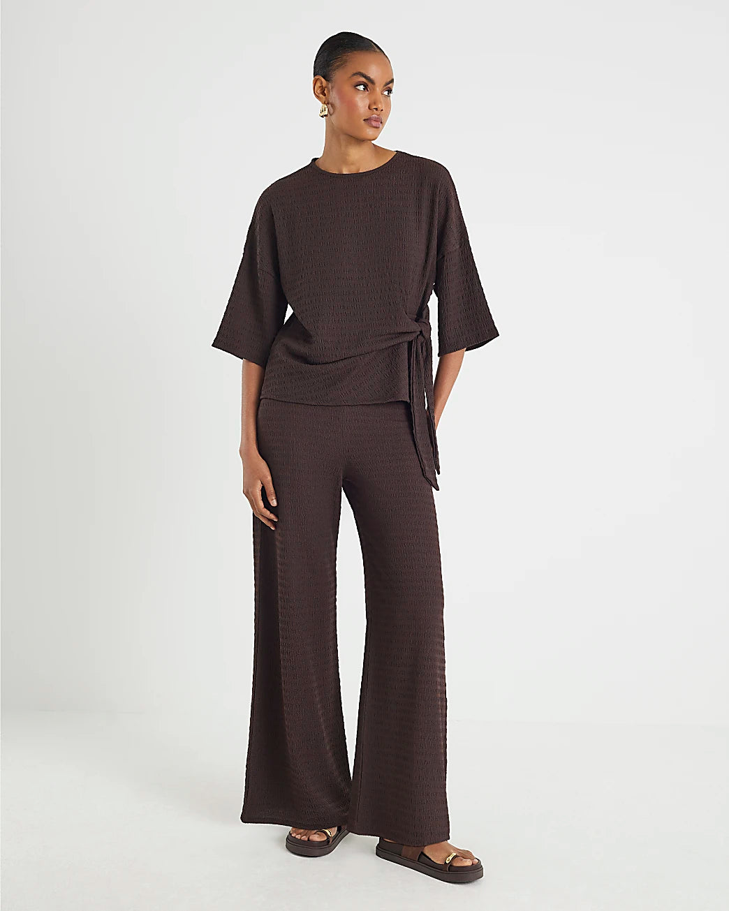 River Island Textured Wide Leg Trouser Brown