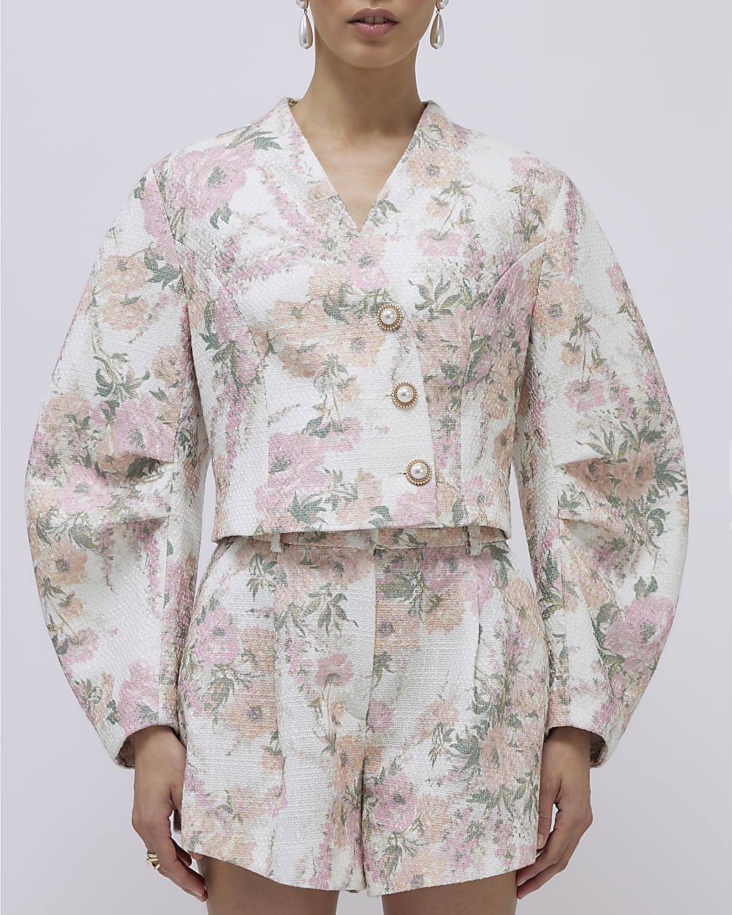 Long Sleeve Floral Cocoon Sleeve Boucle Jacket