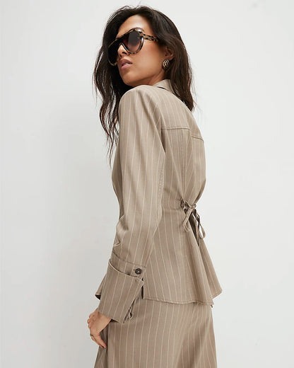 Beige Stripe Long Sleeve Tie Back Shirt