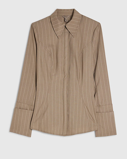 Beige Stripe Long Sleeve Tie Back Shirt