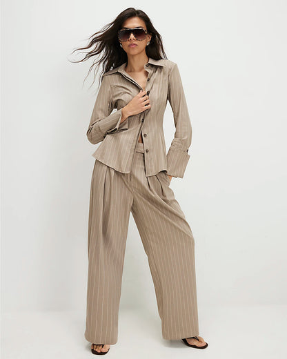 Beige Stripe Long Sleeve Tie Back Shirt