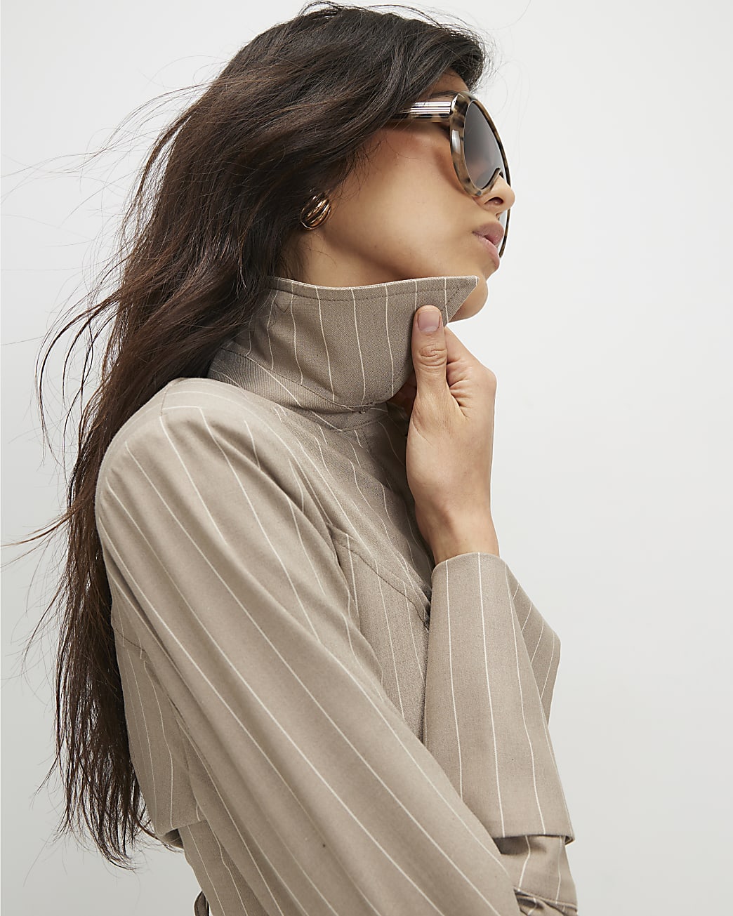 Beige Stripe Long Sleeve Tie Back Shirt