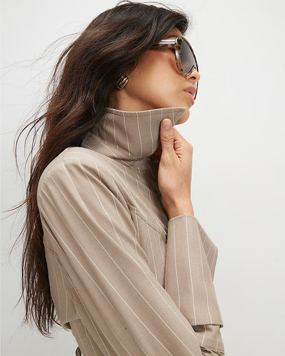 Beige Stripe Long Sleeve Tie Back Shirt