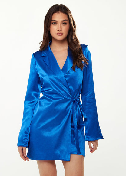 Wrap Satin Shirt Dress In Royal Blue