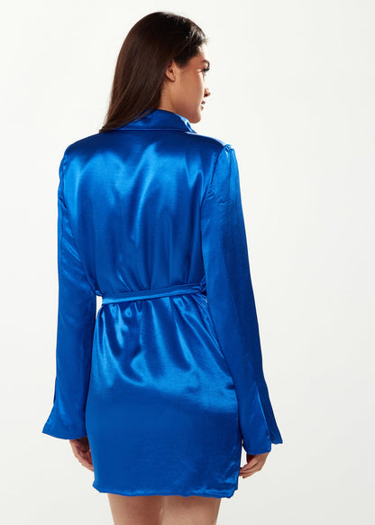 Wrap Satin Shirt Dress In Royal Blue