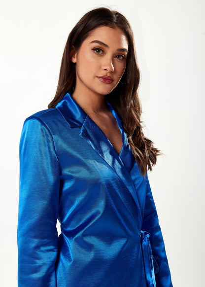 Wrap Satin Shirt Dress In Royal Blue