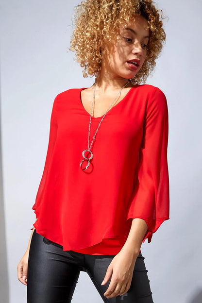Red Jersey 3/4 Sleeve Chiffon Top