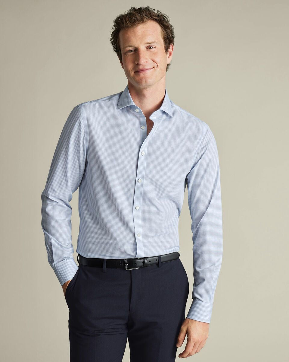 Cutaway Collar Non-Iron Stretch Poplin Gingham Slim Fit Shirt - Ice Blue