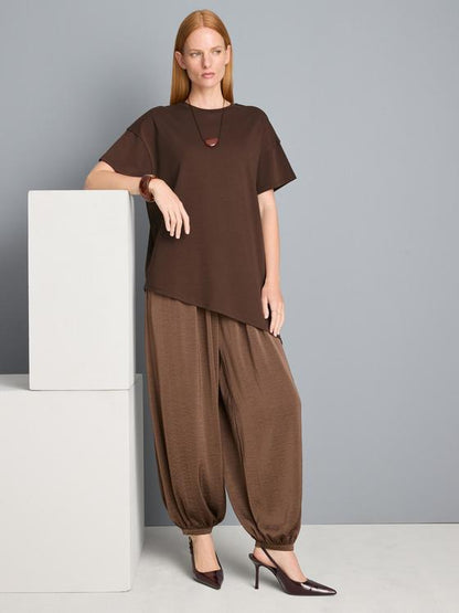 Brown Cotton Asymmetric Longline Tee
