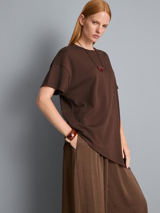 Brown Cotton Asymmetric Longline Tee