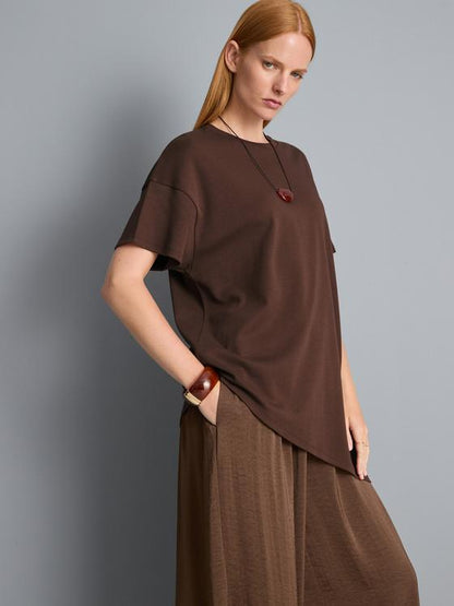Brown Cotton Asymmetric Longline Tee