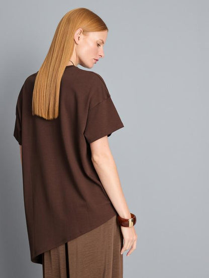 Brown Cotton Asymmetric Longline Tee