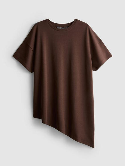 Brown Cotton Asymmetric Longline Tee