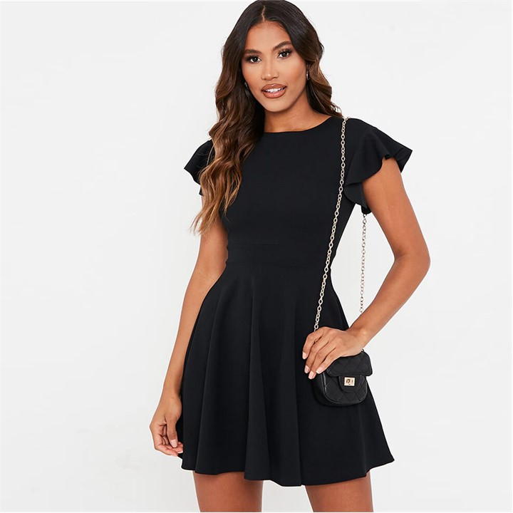 Black Stretch Crepe Flutter Sleeve Skater Dress