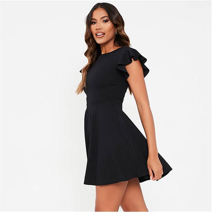 Black Stretch Crepe Flutter Sleeve Skater Dress