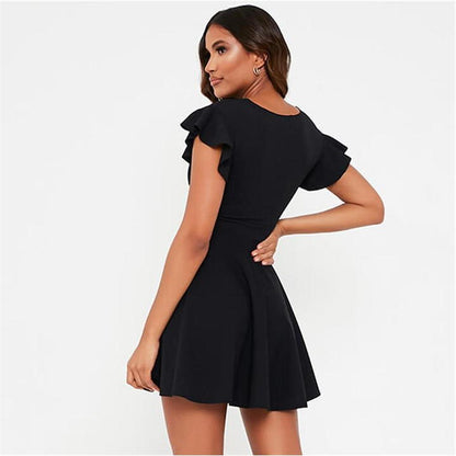 Black Stretch Crepe Flutter Sleeve Skater Dress