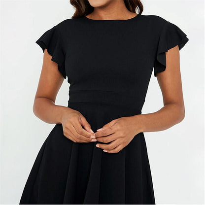 Black Stretch Crepe Flutter Sleeve Skater Dress