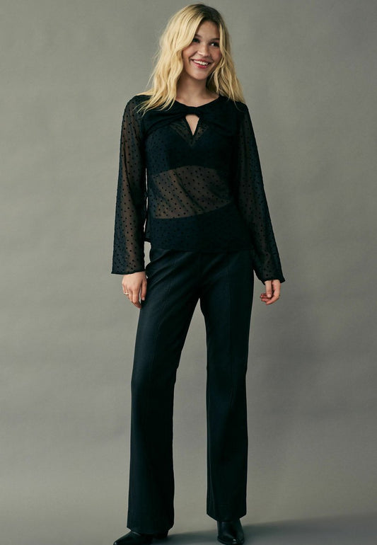 Bow Detail Sheer Blouse Black Flocked Spot