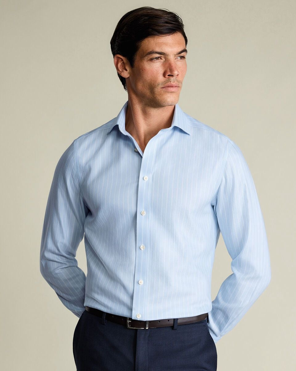 Cutaway Collar Non-Iron Herringbone Stripe Slim Fit Shirt – Light Blue