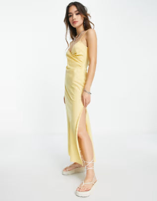 Linen Strappy Ruched Side Split Leg Midi Sundress in Lemon