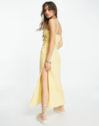 Linen Strappy Ruched Side Split Leg Midi Sundress in Lemon