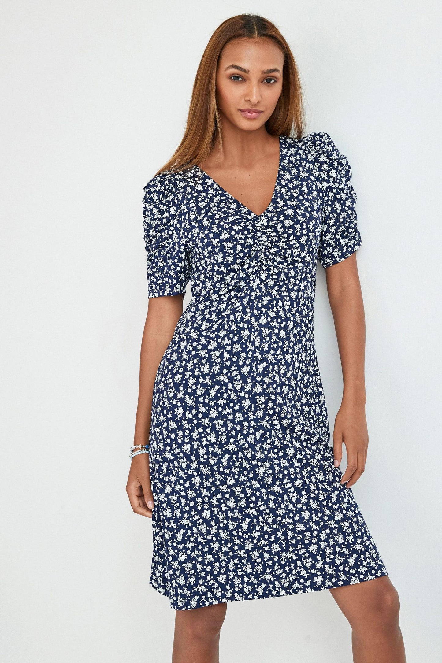 Navy Blue Ditsy Floral Short Sleeve Tea Dress