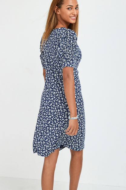 Navy Blue Ditsy Floral Short Sleeve Tea Dress