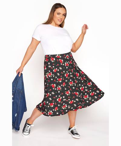 Black Floral Print Midi Skirt