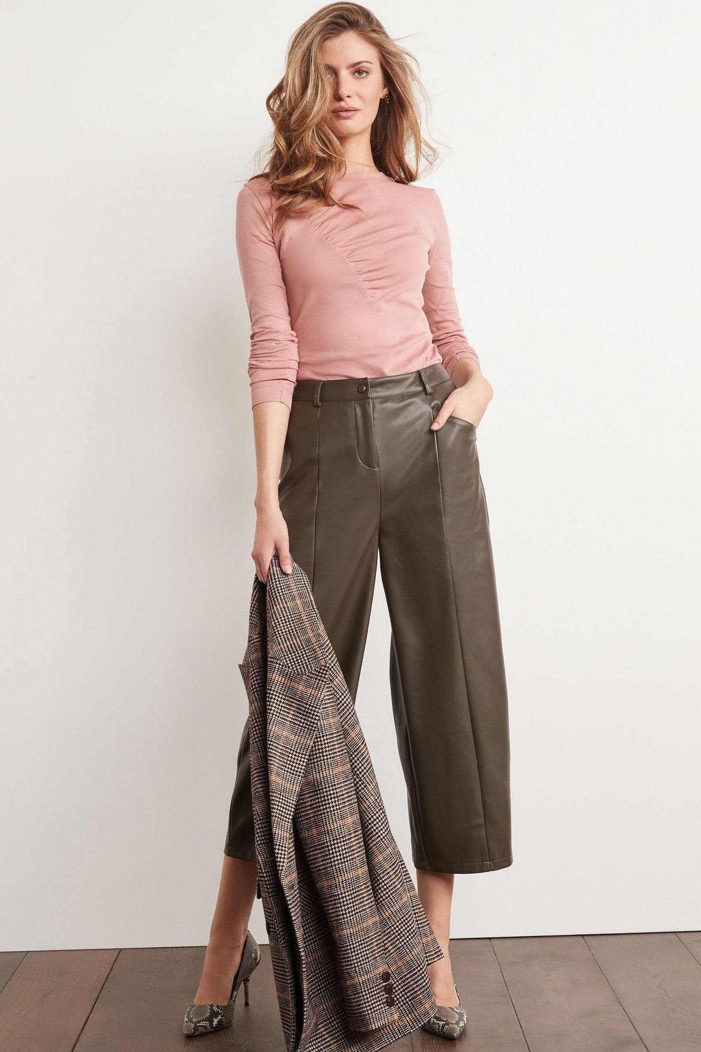 Dark Khaki PU Faux Leather Culotte Trousers