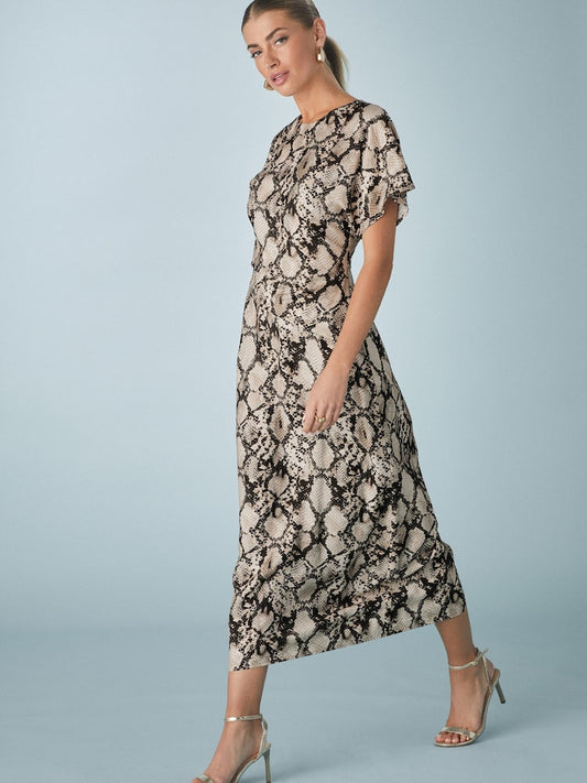 Animal Print Snake Short Sleeve Drape Detail Dress