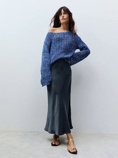 Navy Blue Satin Midi Skirt