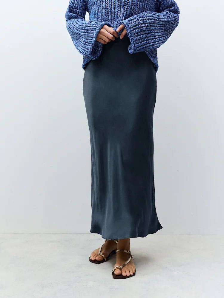 Navy Blue Satin Midi Skirt