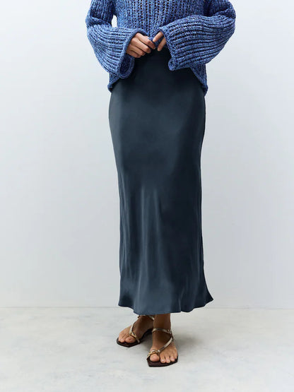Navy Blue Satin Midi Skirt