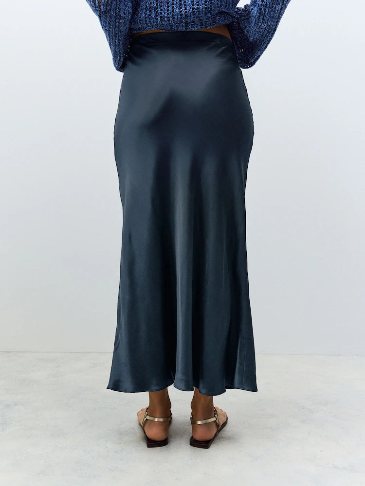 Navy Blue Satin Midi Skirt
