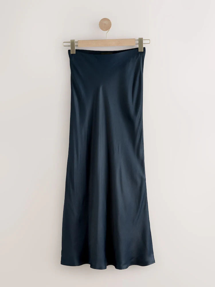 Navy Blue Satin Midi Skirt