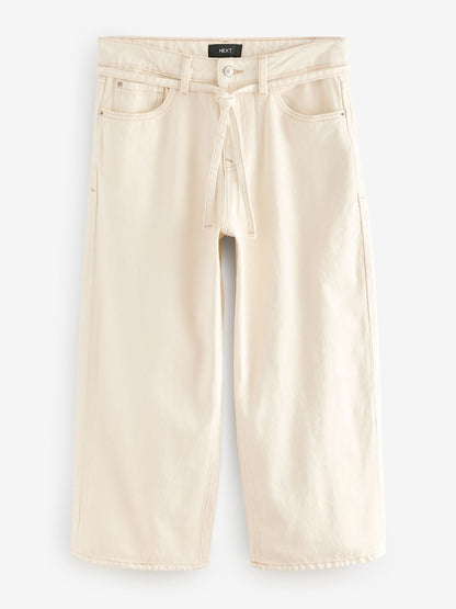Ecru Tie-Waist Cropped Wide Leg Jeans