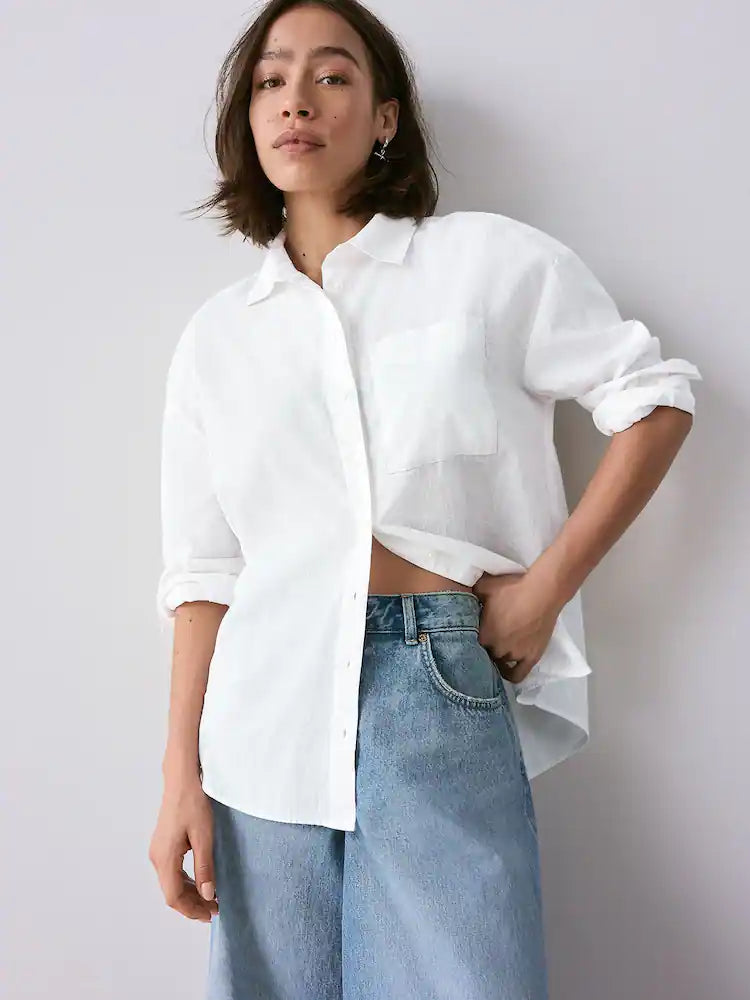 Next White Linen Long Sleeve Shirt